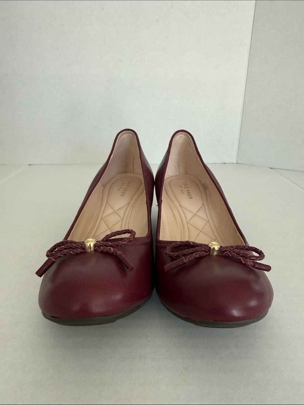 Cole Haan Zinfandel Leather Tali Grand Lace Wedges Bow Quilted Burgundy Sz 8 - Picture 4 of 15